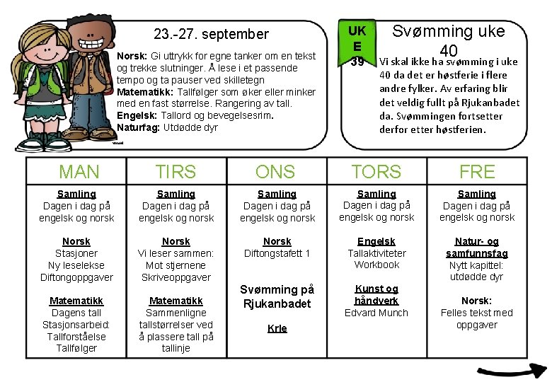 23. -27. september Norsk: Gi uttrykk for egne tanker om en tekst og trekke