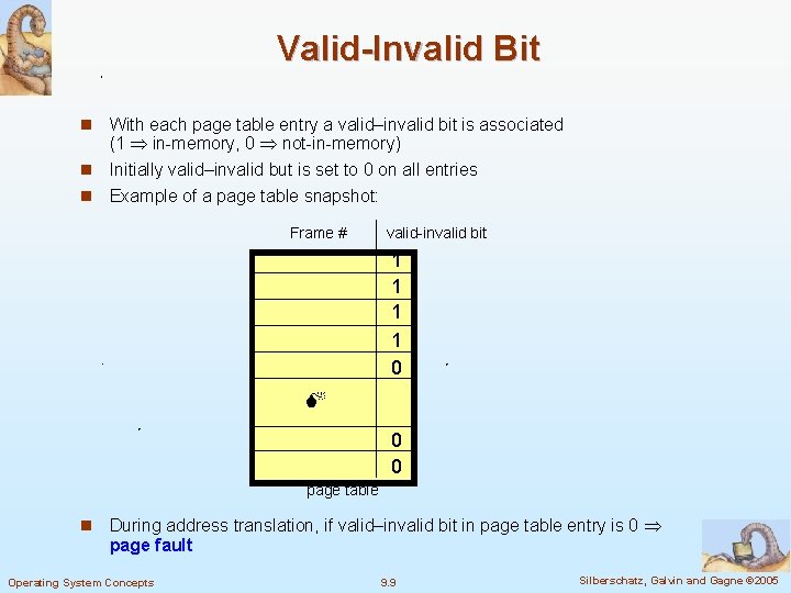 Valid-Invalid Bit n With each page table entry a valid–invalid bit is associated (1