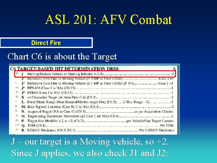 ASL 201: AFV Combat Direct Fire Chart C 6 is about the Target J