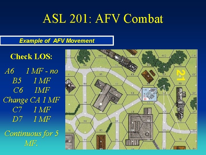 ASL 201: AFV Combat Example of AFV Movement Check LOS: A 6 1 MF