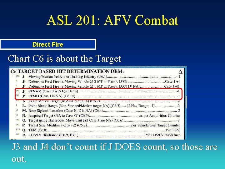 ASL 201: AFV Combat Direct Fire Chart C 6 is about the Target J