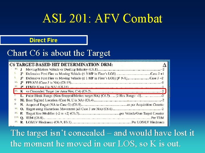 ASL 201: AFV Combat Direct Fire Chart C 6 is about the Target The