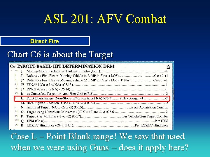 ASL 201: AFV Combat Direct Fire Chart C 6 is about the Target Case