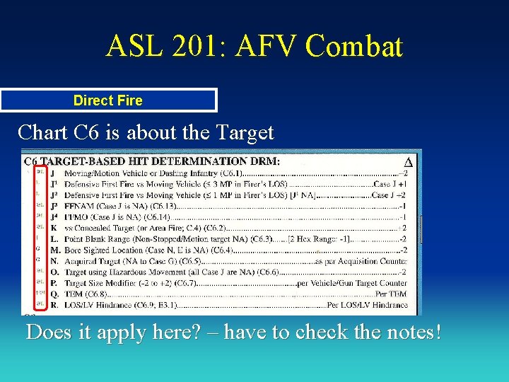 ASL 201: AFV Combat Direct Fire Chart C 6 is about the Target Does