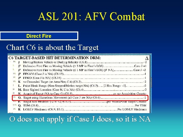 ASL 201: AFV Combat Direct Fire Chart C 6 is about the Target O