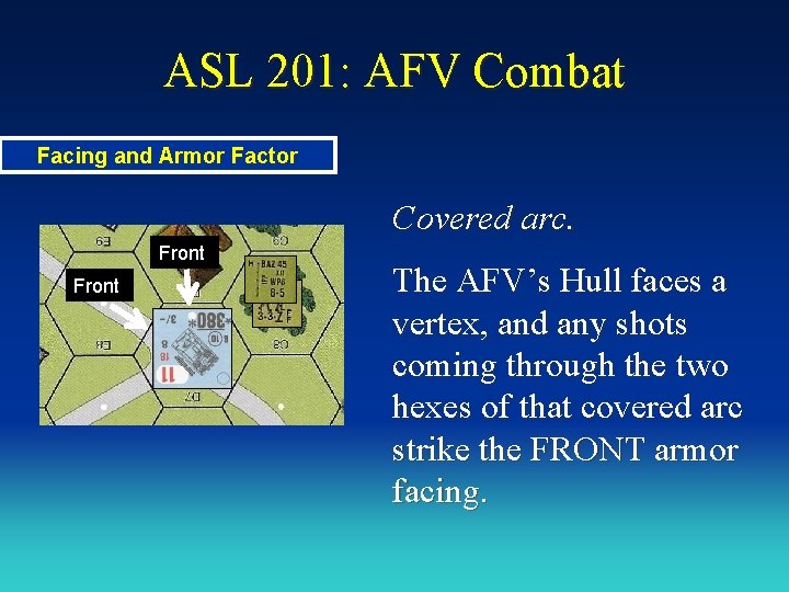 ASL 201: AFV Combat Facing and Armor Factor Covered arc. Front The AFV’s Hull