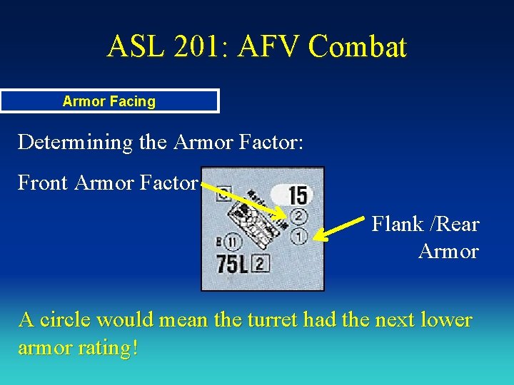 ASL 201: AFV Combat Armor Facing Determining the Armor Factor: Front Armor Factor Flank ASL 201: AFV Combat Armor Facing Determining the Armor Factor: Front Armor Factor Flank