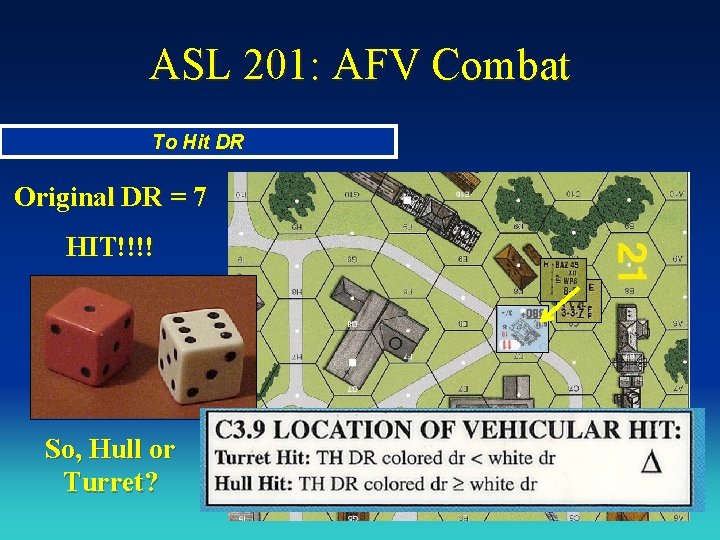 ASL 201: AFV Combat To Hit DR Original DR = 7 HIT!!!! So, Hull