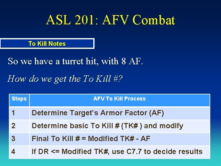 ASL 201: AFV Combat To Kill Notes So we have a turret hit, with