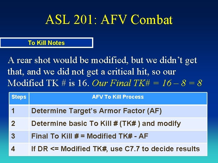 ASL 201: AFV Combat To Kill Notes A rear shot would be modified, but