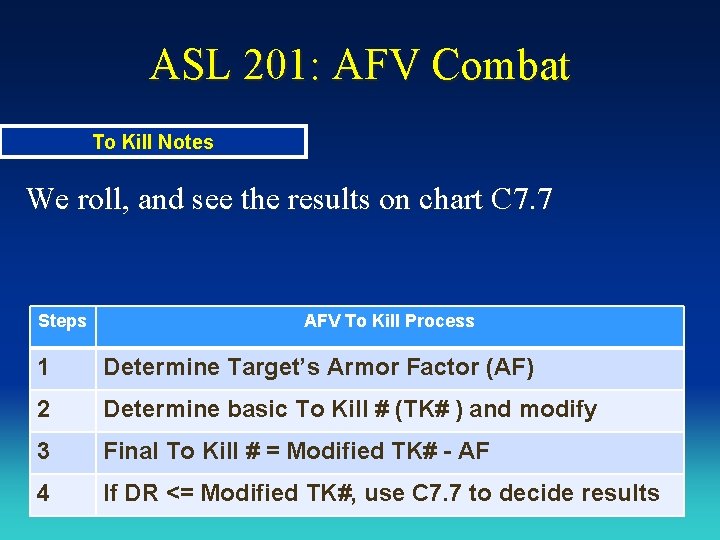 ASL 201: AFV Combat To Kill Notes We roll, and see the results on