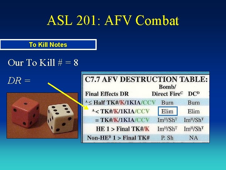 ASL 201: AFV Combat To Kill Notes Our To Kill # = 8 DR