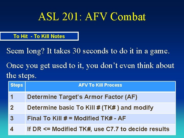 ASL 201: AFV Combat To Hit - To Kill Notes Seem long? It takes