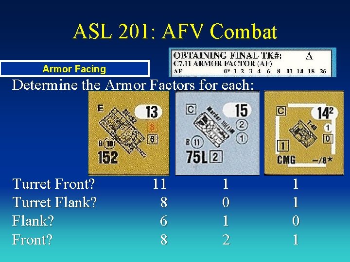 ASL 201: AFV Combat Armor Facing Determine the Armor Factors for each: Turret Front?