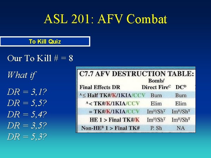 ASL 201: AFV Combat To Kill Quiz Our To Kill # = 8 What