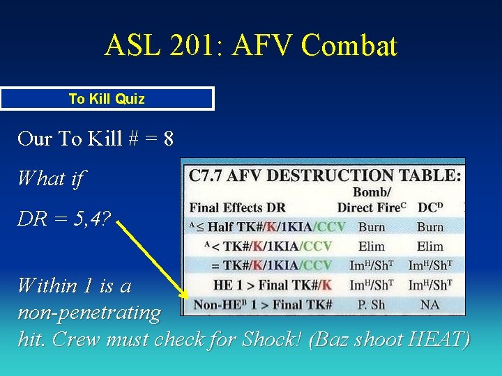 ASL 201: AFV Combat To Kill Quiz Our To Kill # = 8 What