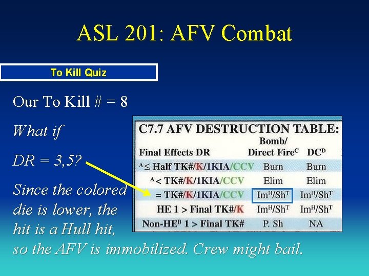 ASL 201: AFV Combat To Kill Quiz Our To Kill # = 8 What