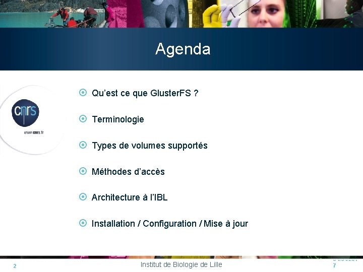 Agenda Qu’est ce que Gluster. FS ? Terminologie Types de volumes supportés Méthodes d’accès Agenda Qu’est ce que Gluster. FS ? Terminologie Types de volumes supportés Méthodes d’accès