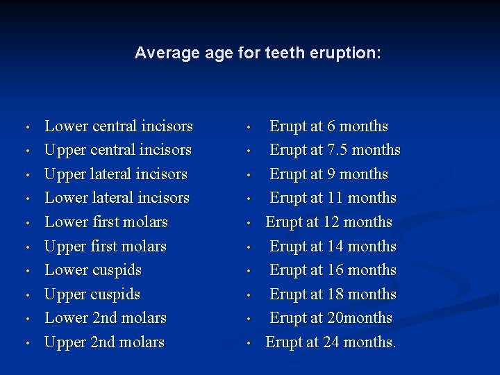 Average for teeth eruption: • • • Lower central incisors Upper lateral incisors Lower