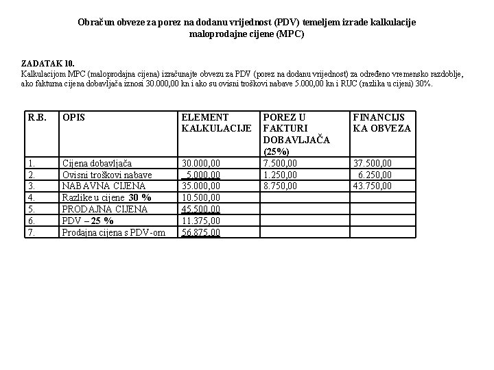 Obračun obveze za porez na dodanu vrijednost (PDV) temeljem izrade kalkulacije maloprodajne cijene (MPC)