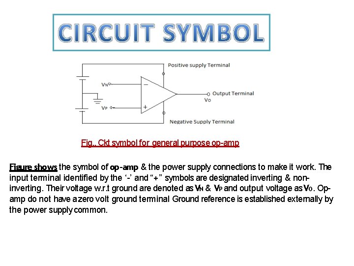 Fig. . Ckt symbol for general purpose op-amp Figure shows the symbol of op-amp Fig. . Ckt symbol for general purpose op-amp Figure shows the symbol of op-amp