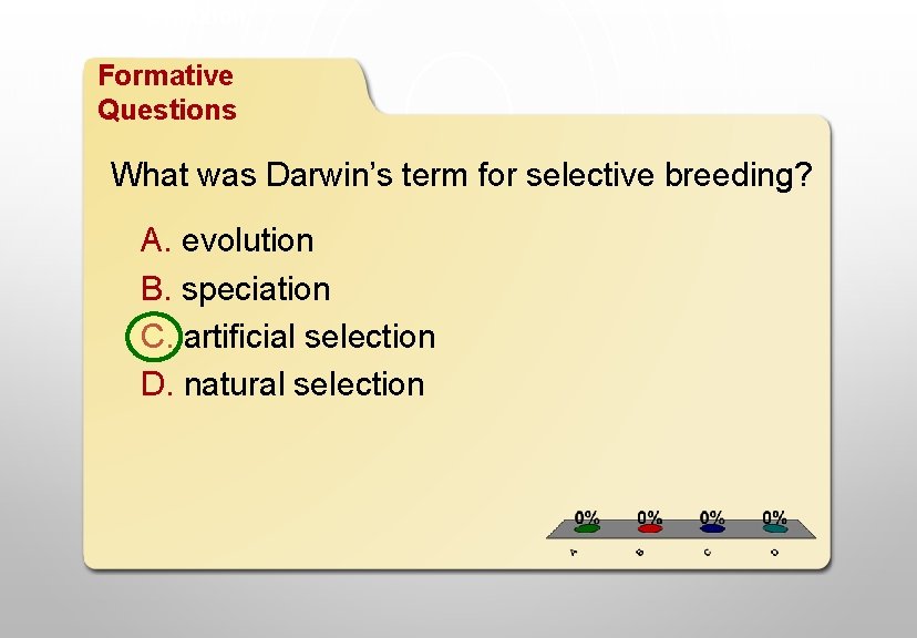 Evolution Formative Questions What was Darwin’s term for selective breeding? A. evolution B. speciation