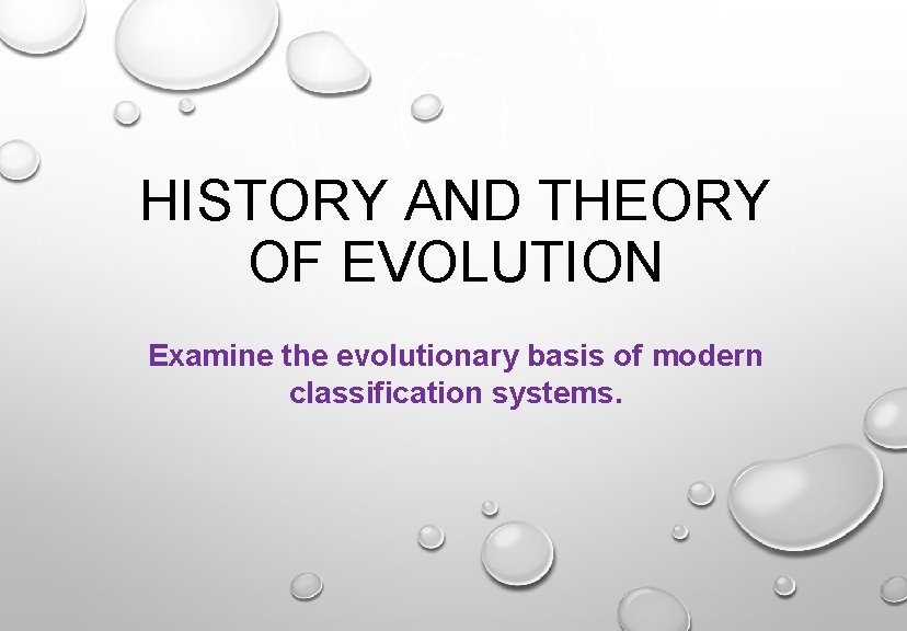 HISTORY AND THEORY OF EVOLUTION Examine the evolutionary basis of modern classification systems. 
