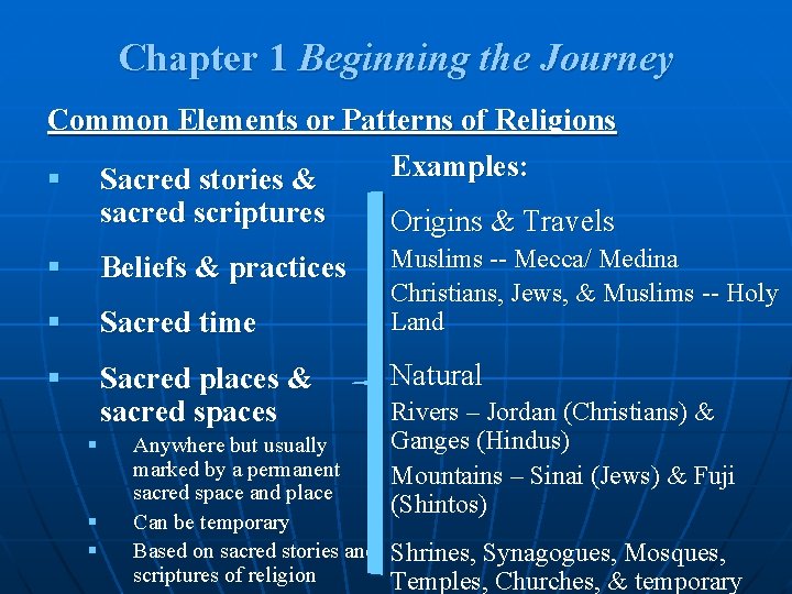 Chapter 1 Beginning the Journey Common Elements or Patterns of Religions Examples: § Sacred