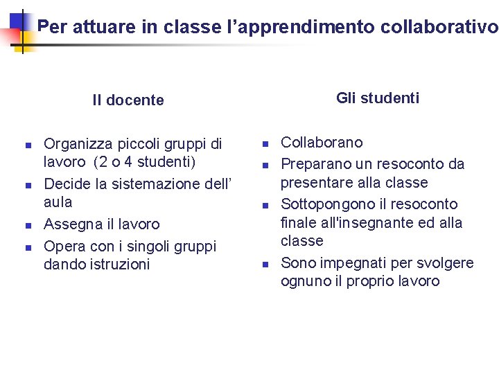 Per attuare in classe l’apprendimento collaborativo Gli studenti Il docente n n Organizza piccoli