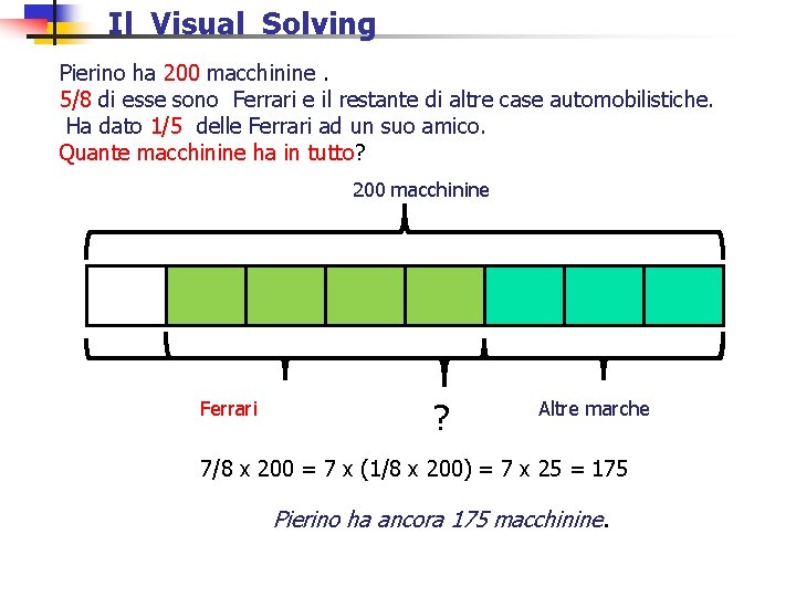 Il Visual Solving Pierino ha 200 macchinine. 5/8 di esse sono Ferrari e il