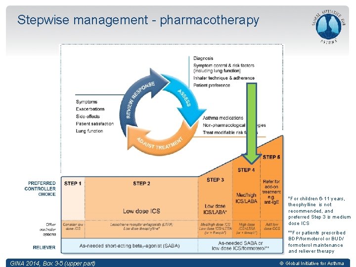 Stepwise management - pharmacotherapy *For children 6 -11 years, theophylline is not recommended, and Stepwise management - pharmacotherapy *For children 6 -11 years, theophylline is not recommended, and