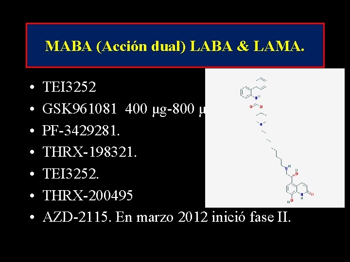 MABA (Acción dual) LABA & LAMA. • • TEI 3252 GSK 961081 400 μg-800 MABA (Acción dual) LABA & LAMA. • • TEI 3252 GSK 961081 400 μg-800
