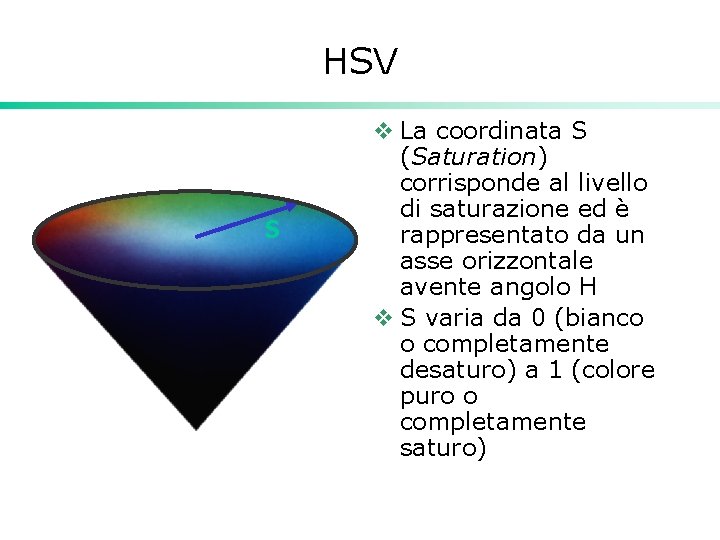 HSV S v La coordinata S (Saturation) corrisponde al livello di saturazione ed è