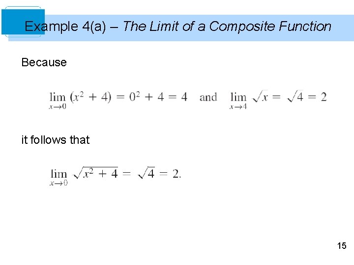 Example 4(a) – The Limit of a Composite Function Because it follows that 15 Example 4(a) – The Limit of a Composite Function Because it follows that 15