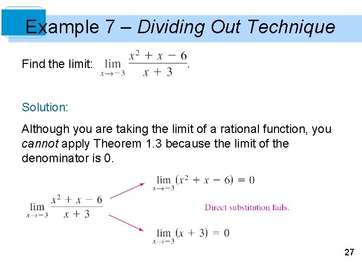 Example 7 – Dividing Out Technique Find the limit: Solution: Although you are taking Example 7 – Dividing Out Technique Find the limit: Solution: Although you are taking