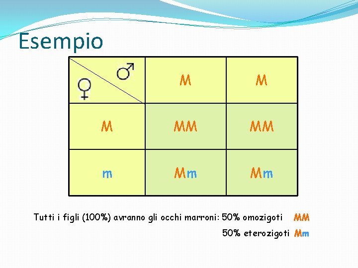 Esempio M MM MM m Mm Mm Tutti i figli (100%) avranno gli occhi