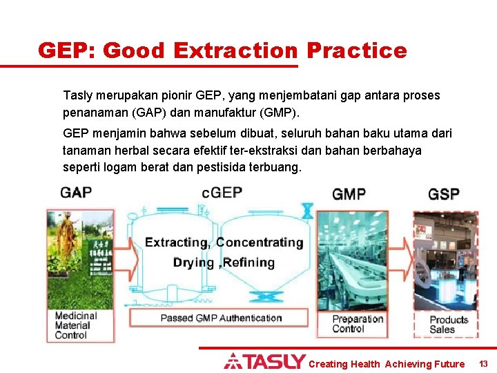 GEP: Good Extraction Practice Tasly merupakan pionir GEP, yang menjembatani gap antara proses penanaman