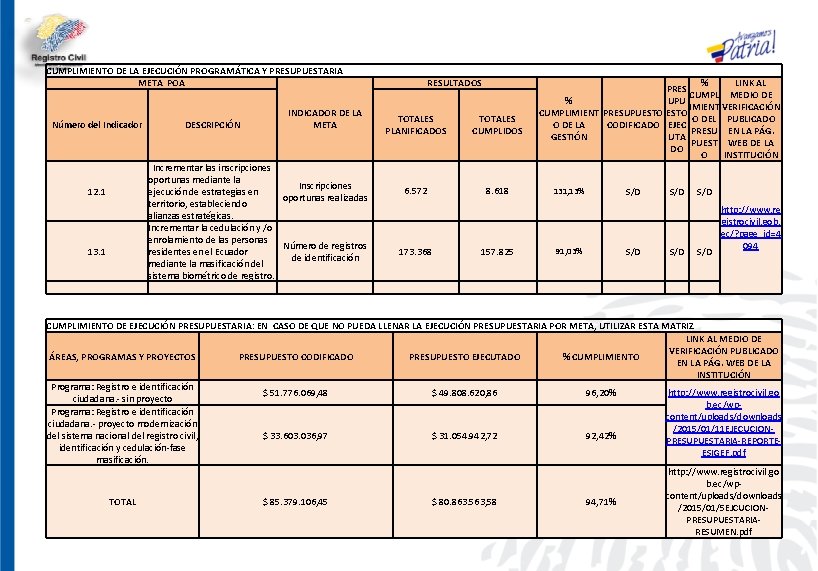 CUMPLIMIENTO DE LA EJECUCIÓN PROGRAMÁTICA Y PRESUPUESTARIA META POA Número del Indicador 12. 1