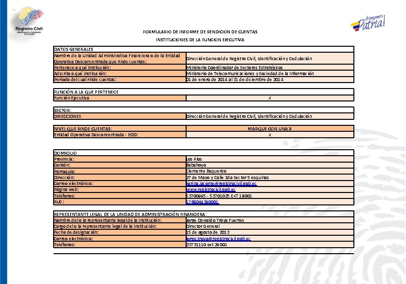 FORMULARIO DE INFORME DE RENDICION DE CUENTAS INSTITUCIONES DE LA FUNCION EJECUTIVA DATOS GENERALES