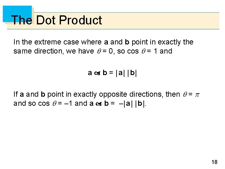 The Dot Product In the extreme case where a and b point in exactly
