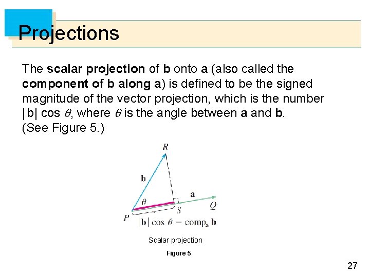 Projections The scalar projection of b onto a (also called the component of b