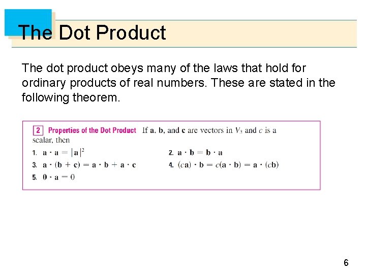 The Dot Product The dot product obeys many of the laws that hold for