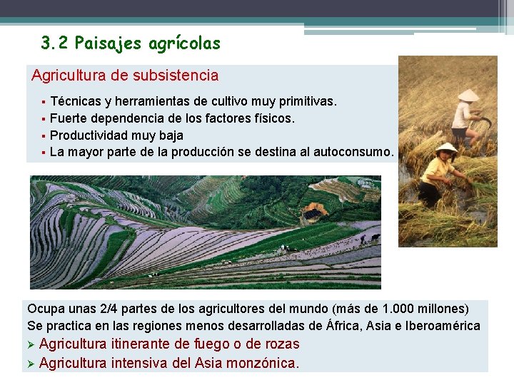 3. 2 Paisajes agrícolas Agricultura de subsistencia Técnicas y herramientas de cultivo muy primitivas.