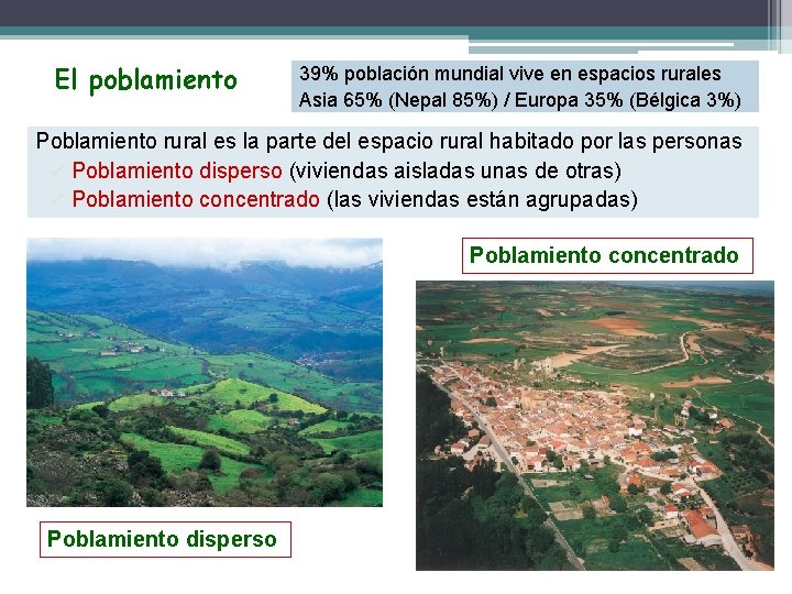 El poblamiento 39% población mundial vive en espacios rurales Asia 65% (Nepal 85%) /