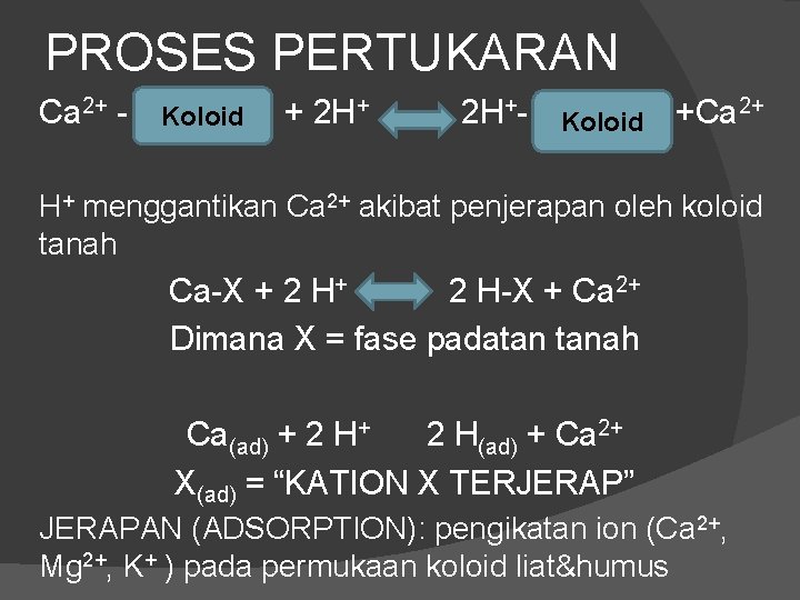 PROSES PERTUKARAN Ca 2+ - Koloid + 2 H+- Koloid +Ca 2+ H+ menggantikan