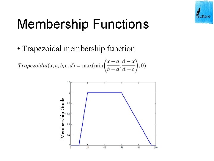 Membership Functions • Trapezoidal membership function Membership Grade 