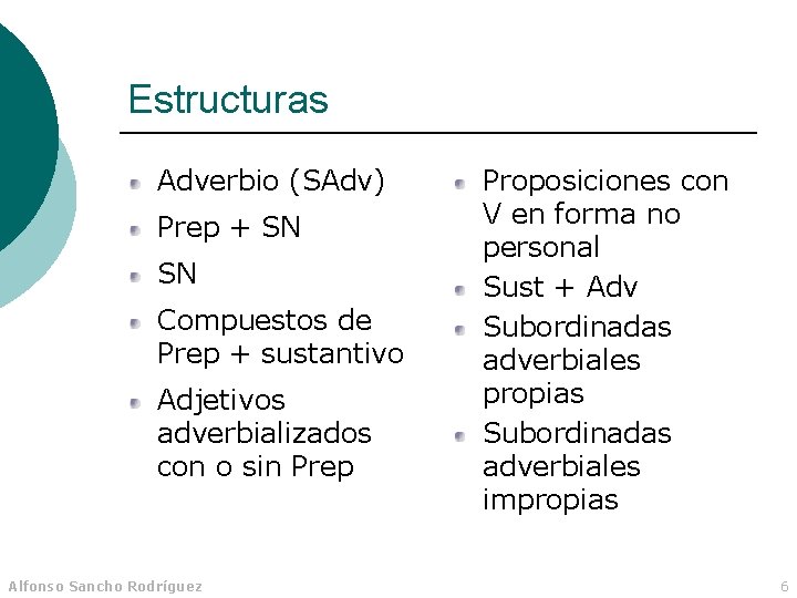 Estructuras Adverbio (SAdv) Prep + SN SN Compuestos de Prep + sustantivo Adjetivos adverbializados