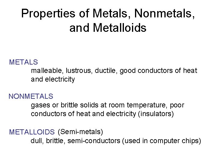 Properties of Metals, Nonmetals, and Metalloids METALS malleable, lustrous, ductile, good conductors of heat