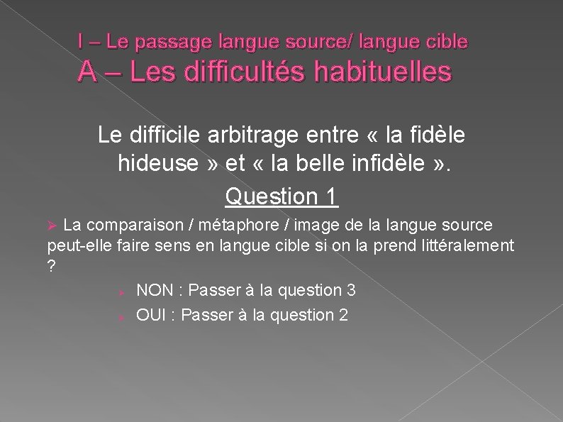 I – Le passage langue source/ langue cible A – Les difficultés habituelles Le I – Le passage langue source/ langue cible A – Les difficultés habituelles Le