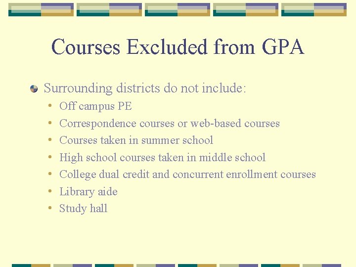 Courses Excluded from GPA Surrounding districts do not include: • • Off campus PE